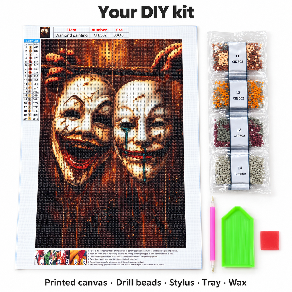 CH2502 kit contents: canvas, drills, stylus, tray and wax