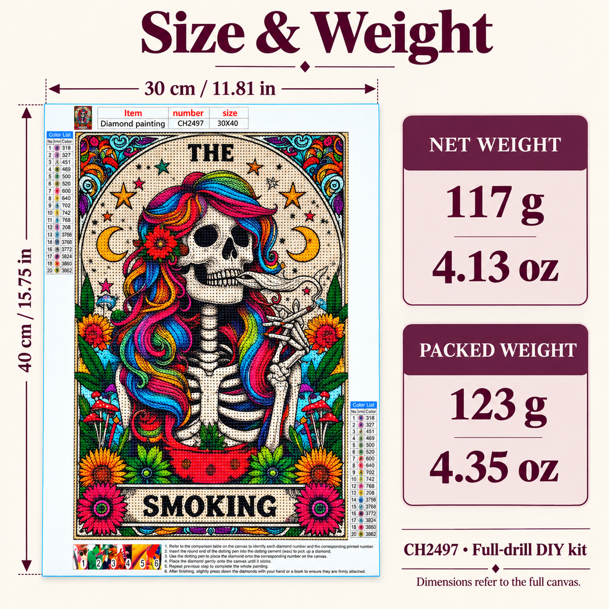 Colorful Hair Skeleton Full-Drill Diamond Painting Kit – 30 × 40 cm — Size Weight