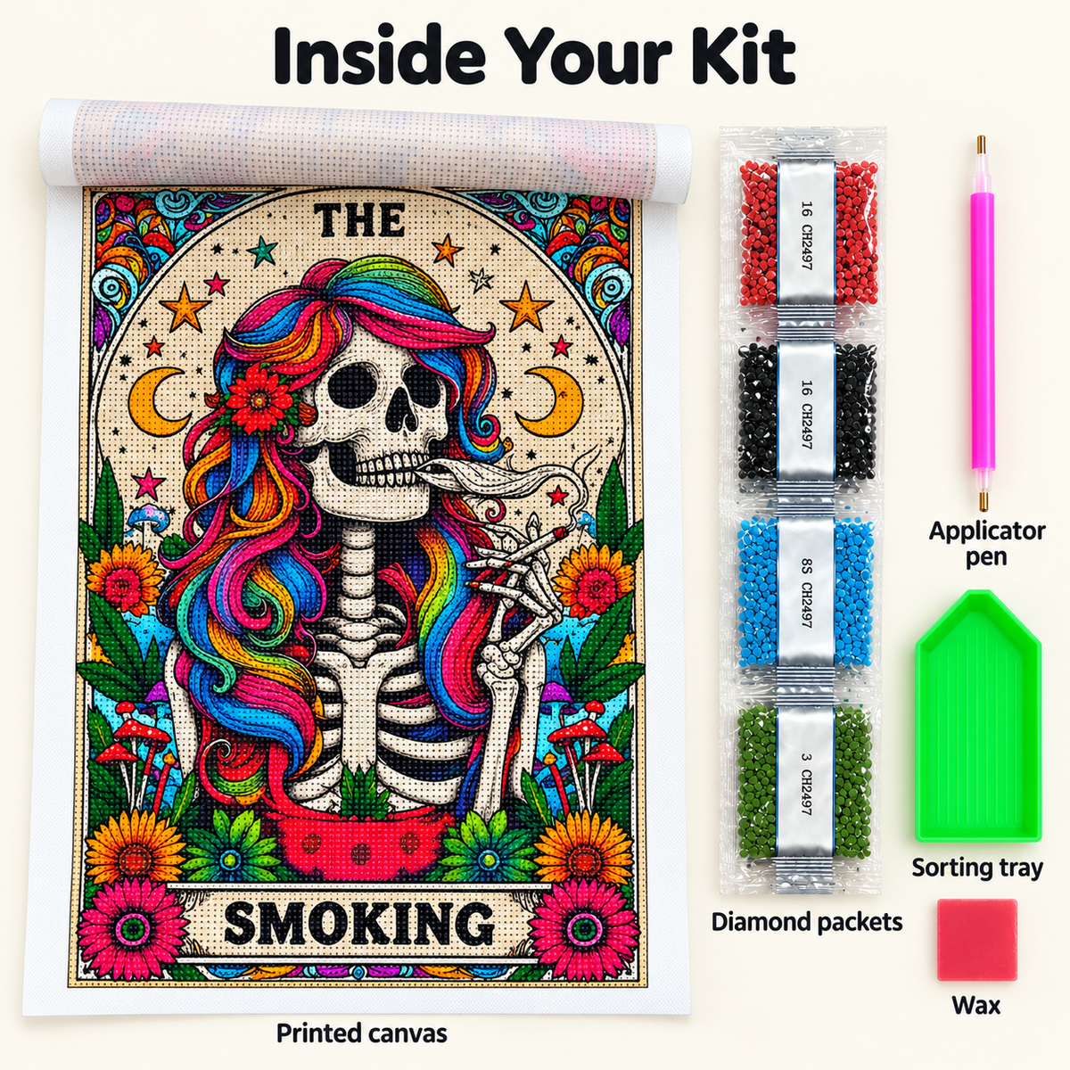 Colorful Hair Skeleton Full-Drill Diamond Painting Kit – 30 × 40 cm — Kit Contents