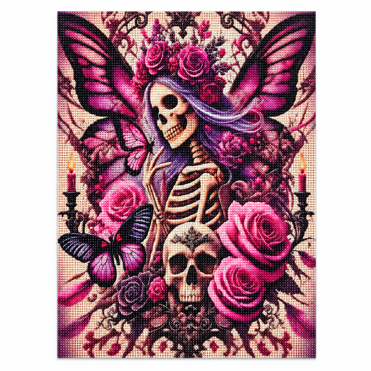 Skeleton Roses and Butterflies diamond painting kit, completed design illustration