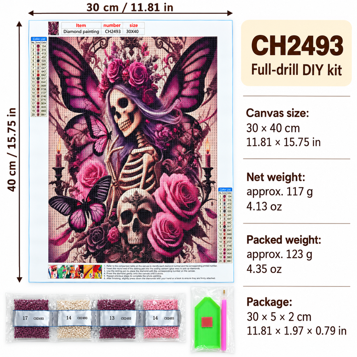 Skeleton Roses and Butterflies diamond painting kit, canvas dimensions and weight