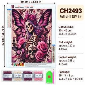 Skeleton Roses and Butterflies diamond painting kit, canvas dimensions and weight
