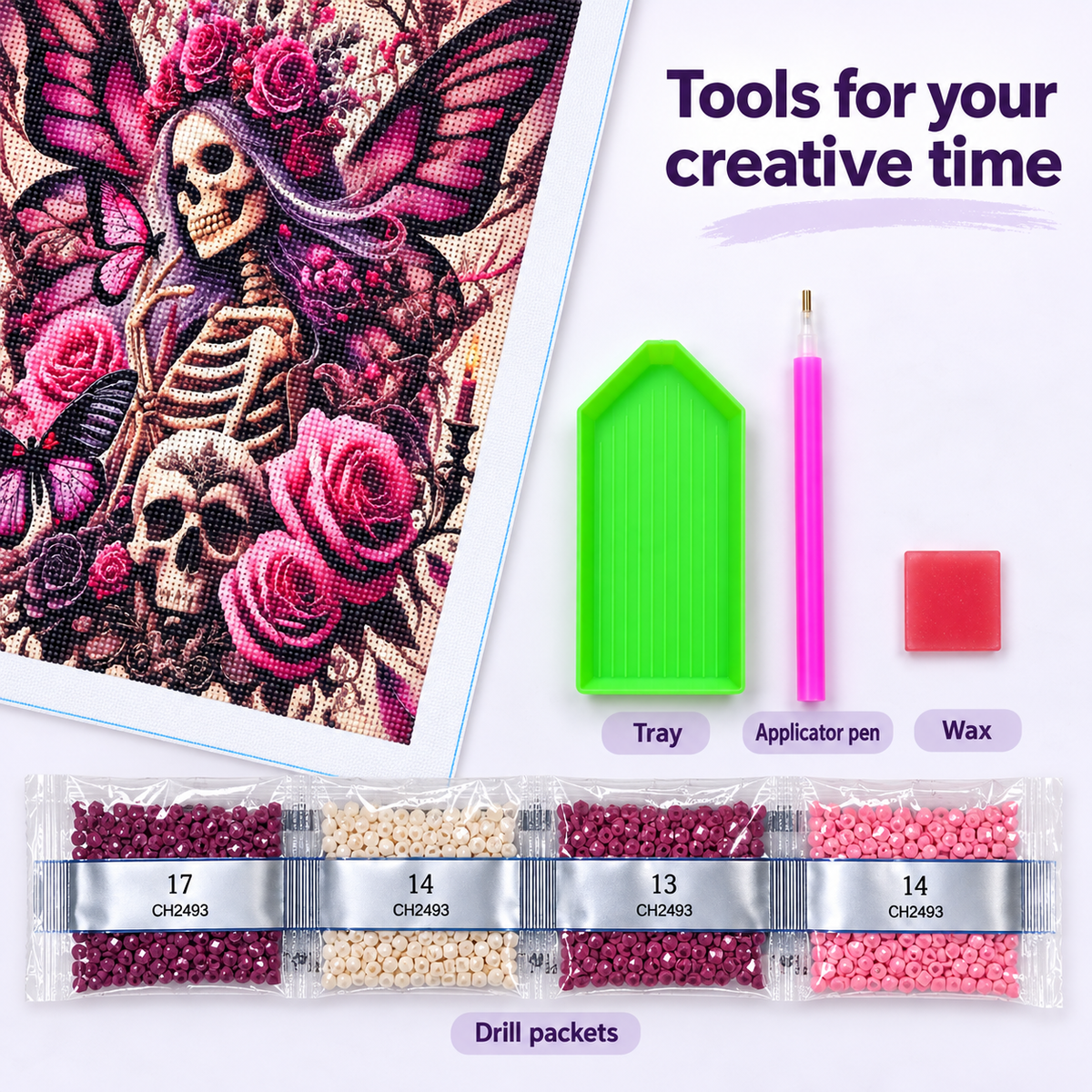 Skeleton Roses and Butterflies diamond painting kit, included canvas drills and tools