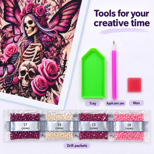 Skeleton Roses and Butterflies diamond painting kit, included canvas drills and tools