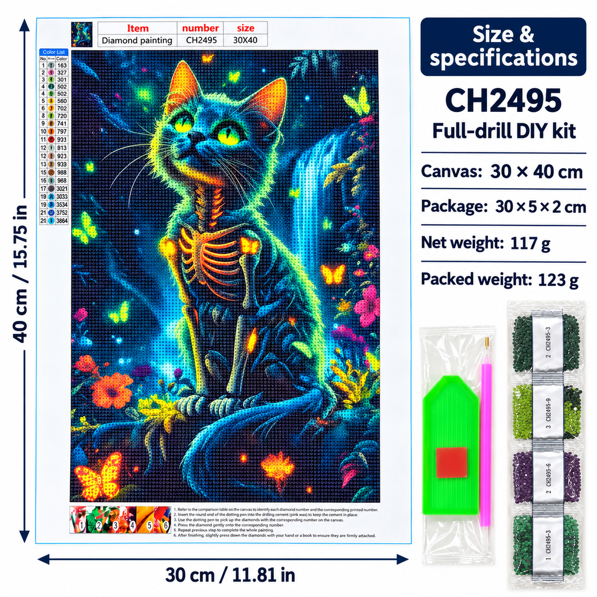 Skeleton Cat diamond painting kit – Size CH2495