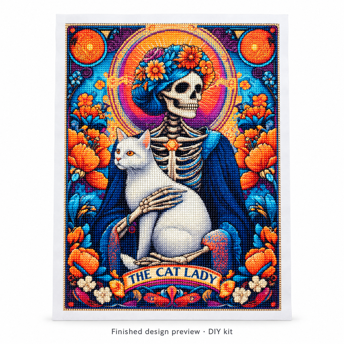 The Cat Lady Skeleton Diamond Painting Kit: completed design preview, DIY assembly required