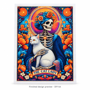 The Cat Lady Skeleton Diamond Painting Kit: completed design preview, DIY assembly required