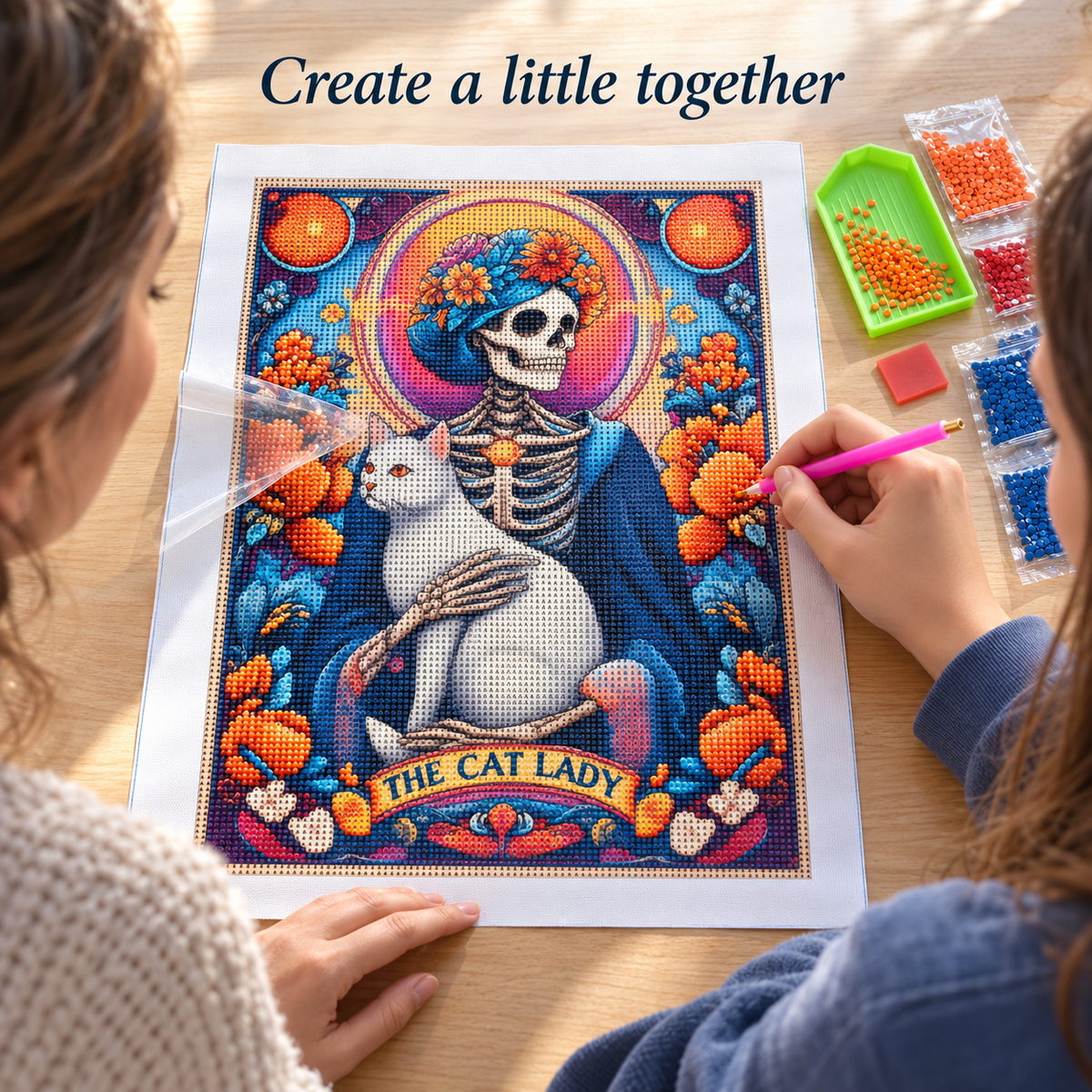The Cat Lady Skeleton Diamond Painting Kit: illustrative crafting scene