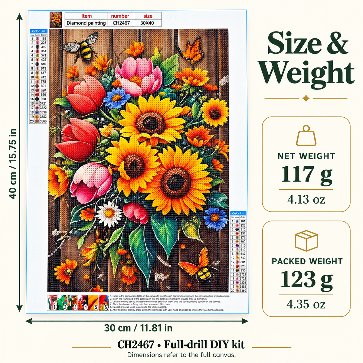 CH2467 canvas size 30 by 40 cm; net weight 117 g; retail packed weight 123 g