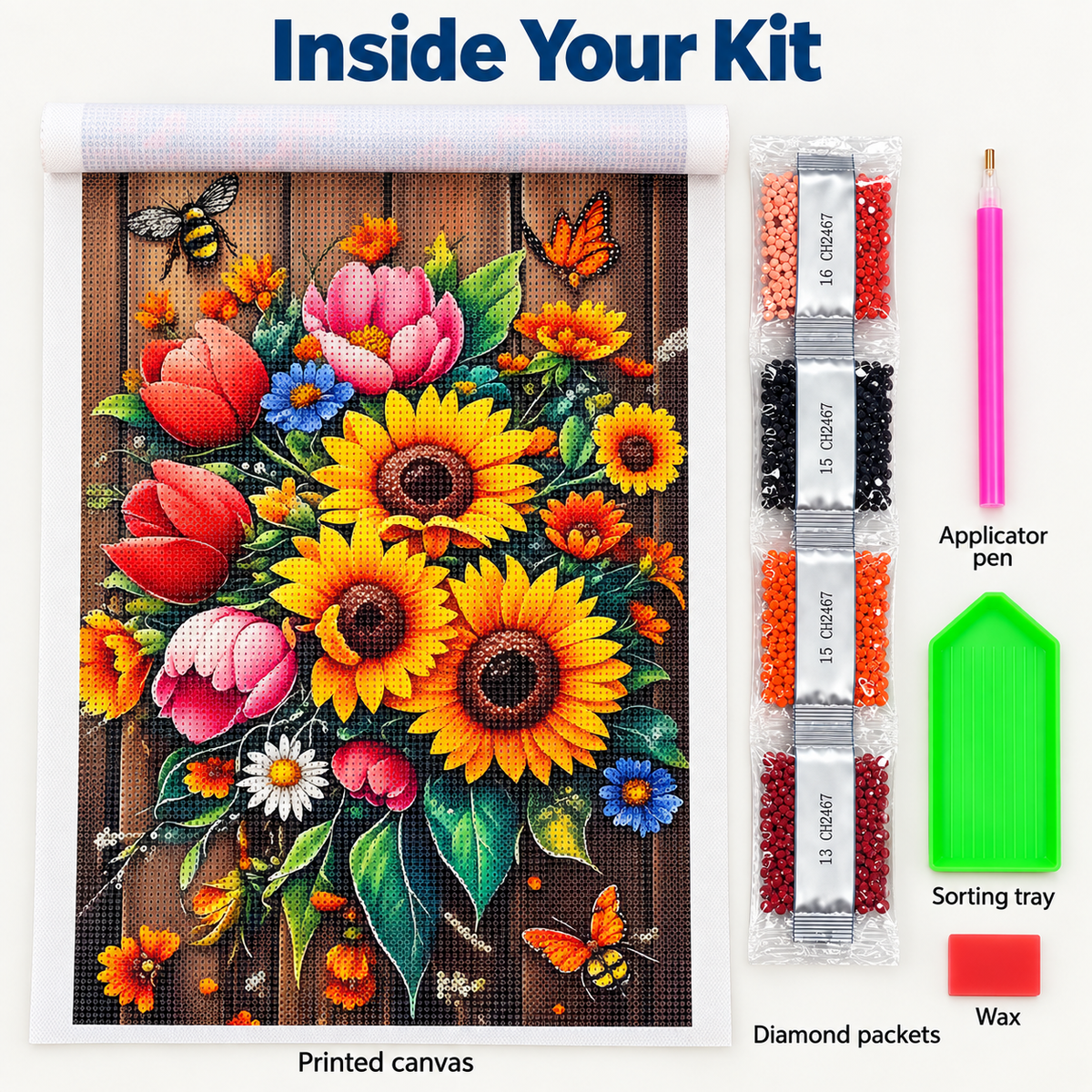 Included printed canvas, diamond packets, applicator pen, tray and wax