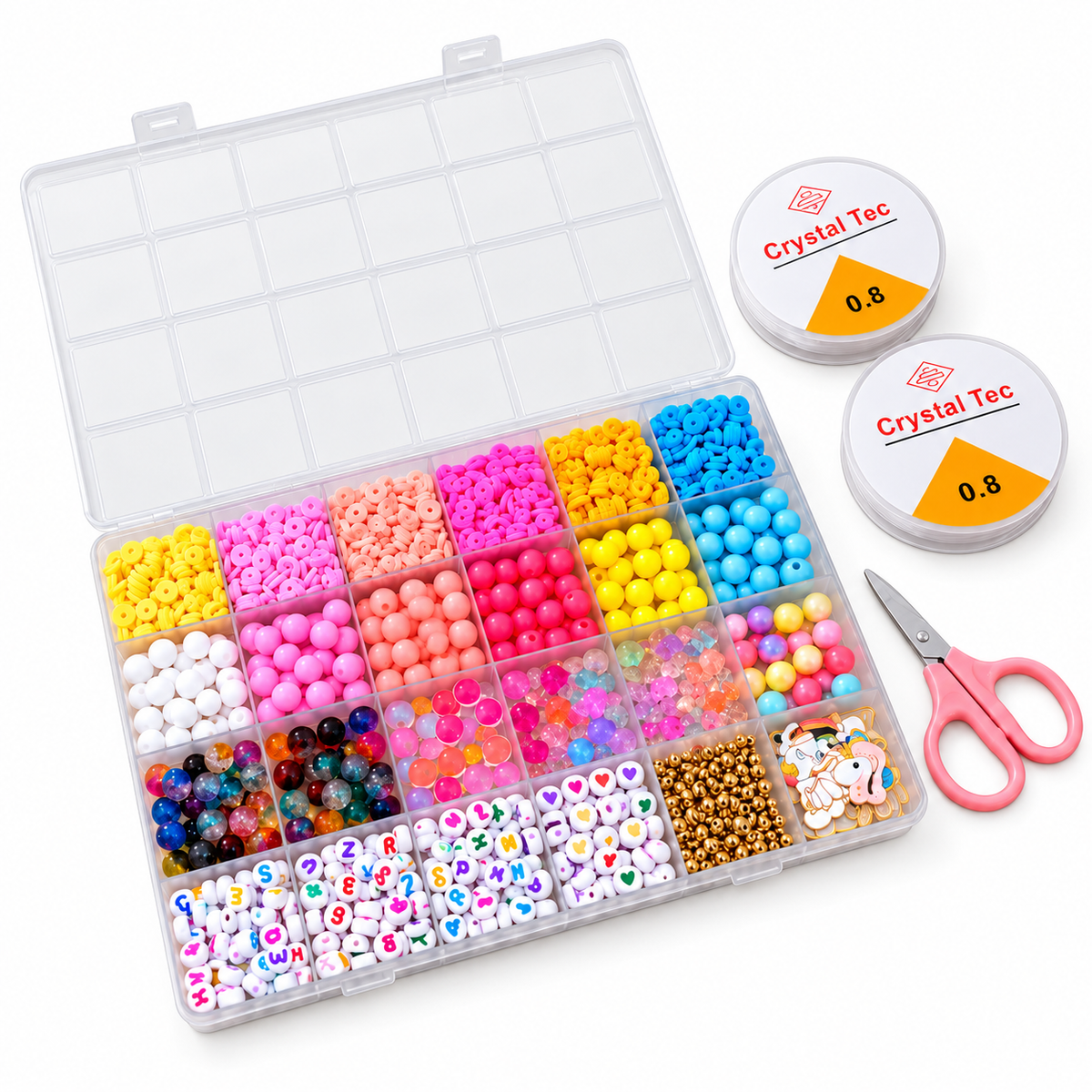 Unicorn bead bracelet making kit with 24-compartment organizer, elastic cord and scissors