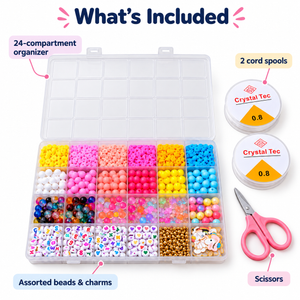 Included organizer, assorted beads and charms, cord spools and scissors