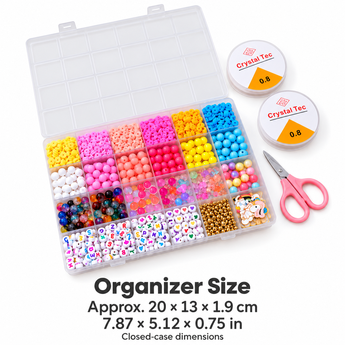 Closed organizer measures approximately 20 by 13 by 1.9 cm