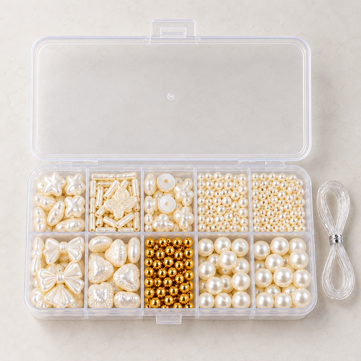 Faux Pearl Bead Bracelet Making Kit – 10-Compartment Organizer – Overview