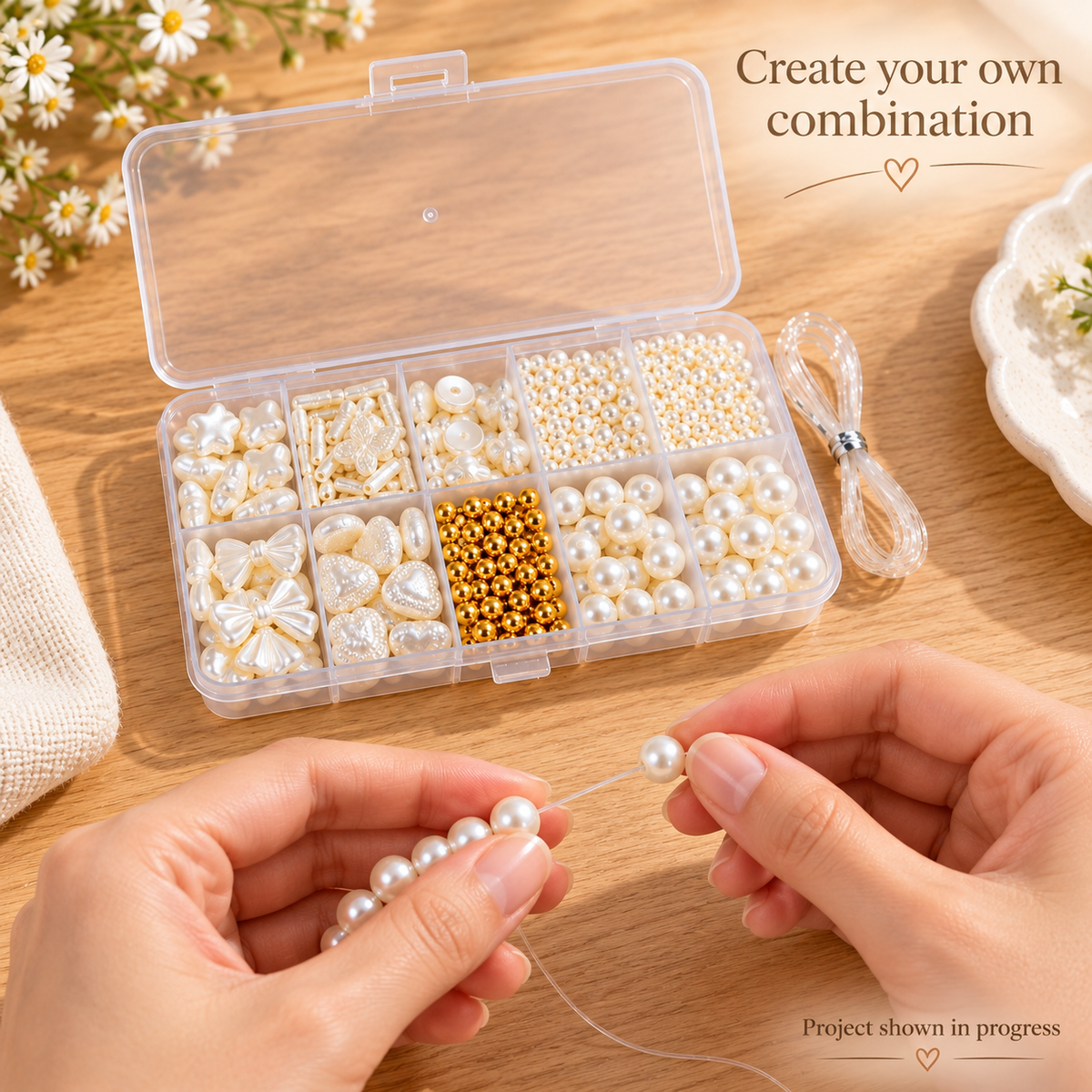 Faux Pearl Bead Bracelet Making Kit – 10-Compartment Organizer – DIY Scene