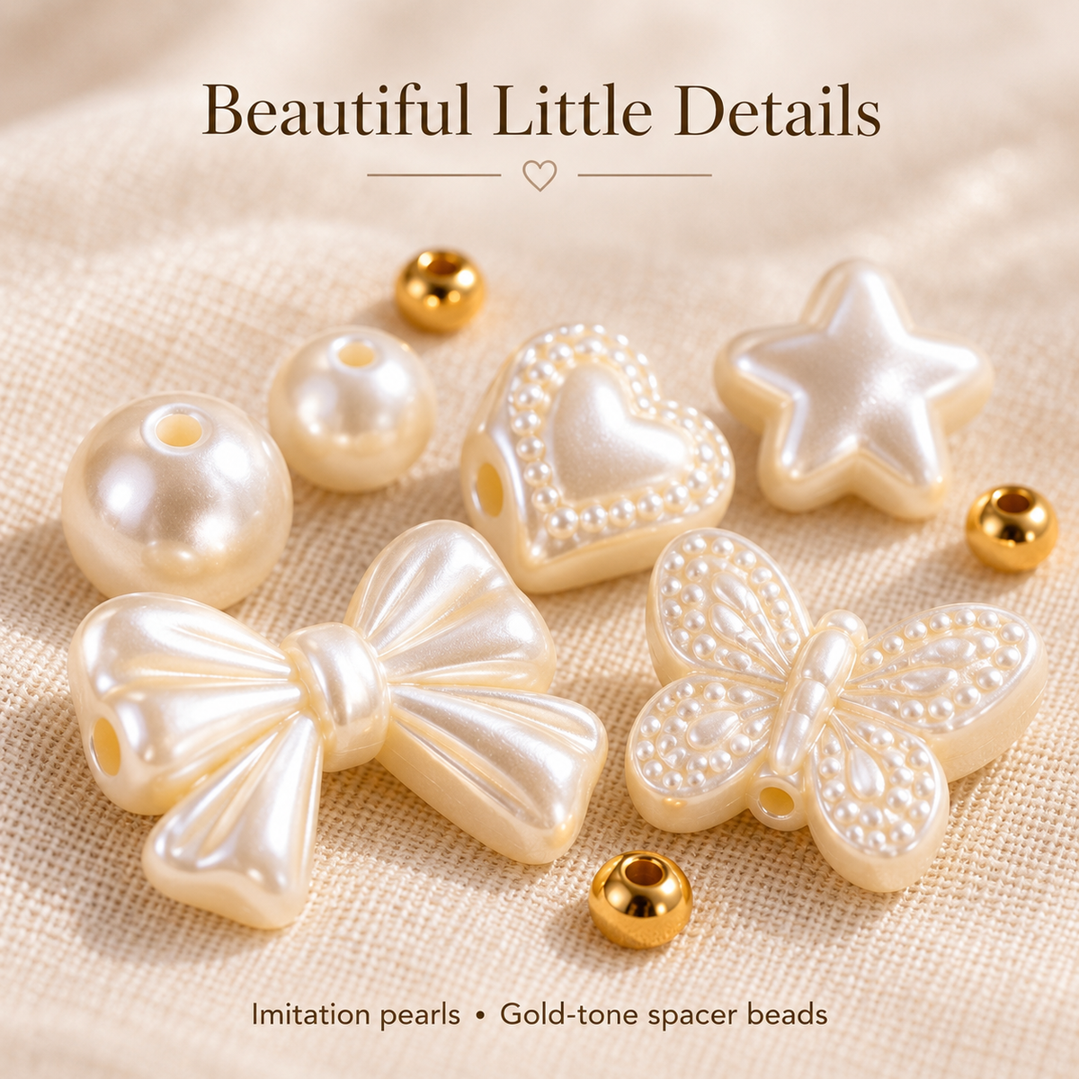 Close-up of shaped imitation pearl beads and gold-tone spacers