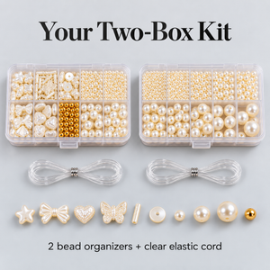 Contents of the two-box kit with bead organizers and clear elastic cord