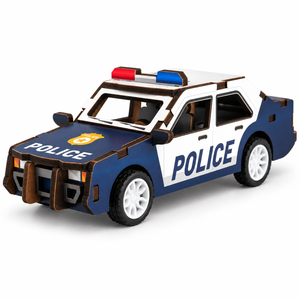 Blue and white wooden police car DIY assembly kit, assembled front view