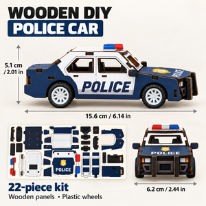 Blue and white police car wooden DIY assembly kit - Dimensions Materials