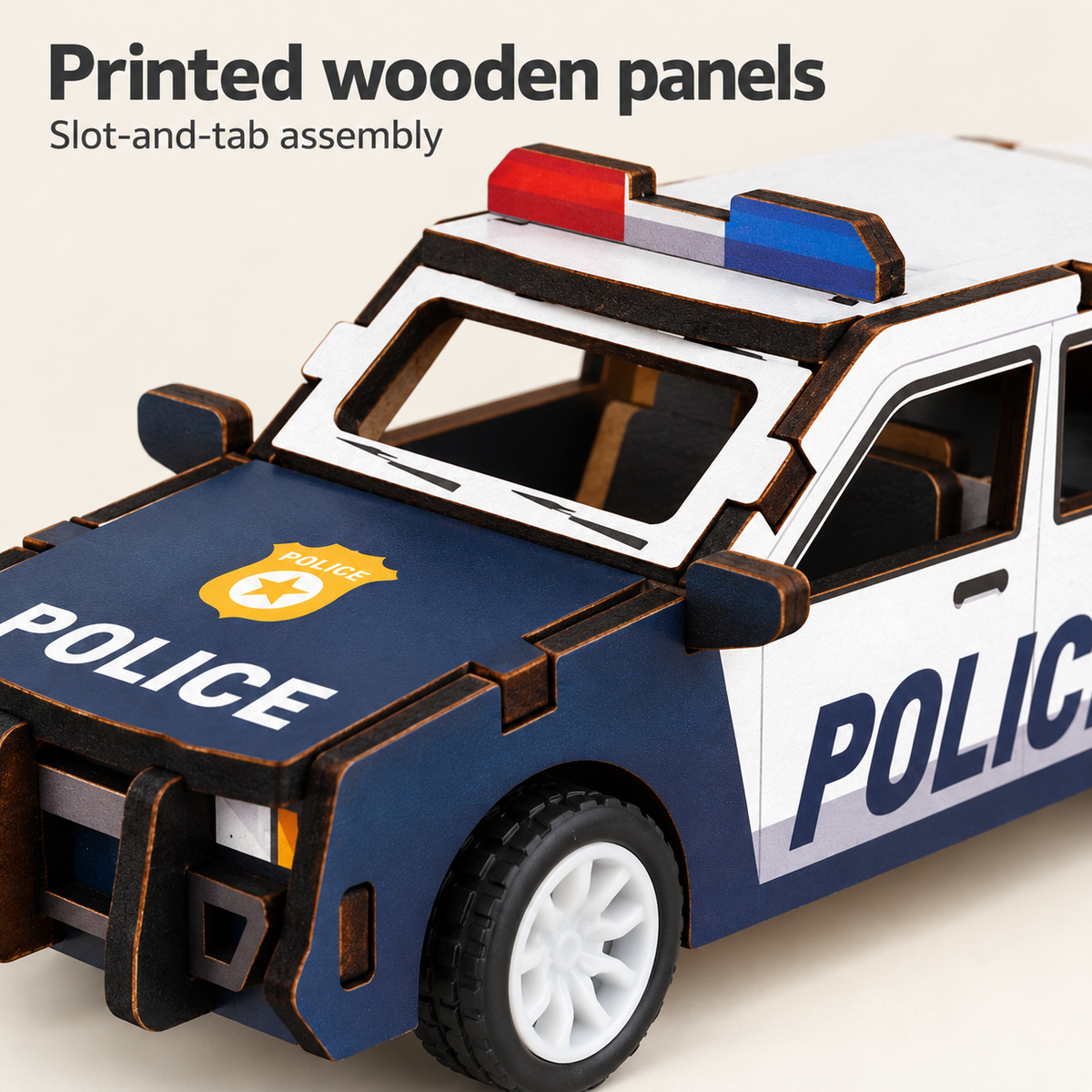 Blue and white police car wooden DIY assembly kit - Details