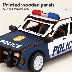 Blue and white police car wooden DIY assembly kit - Details