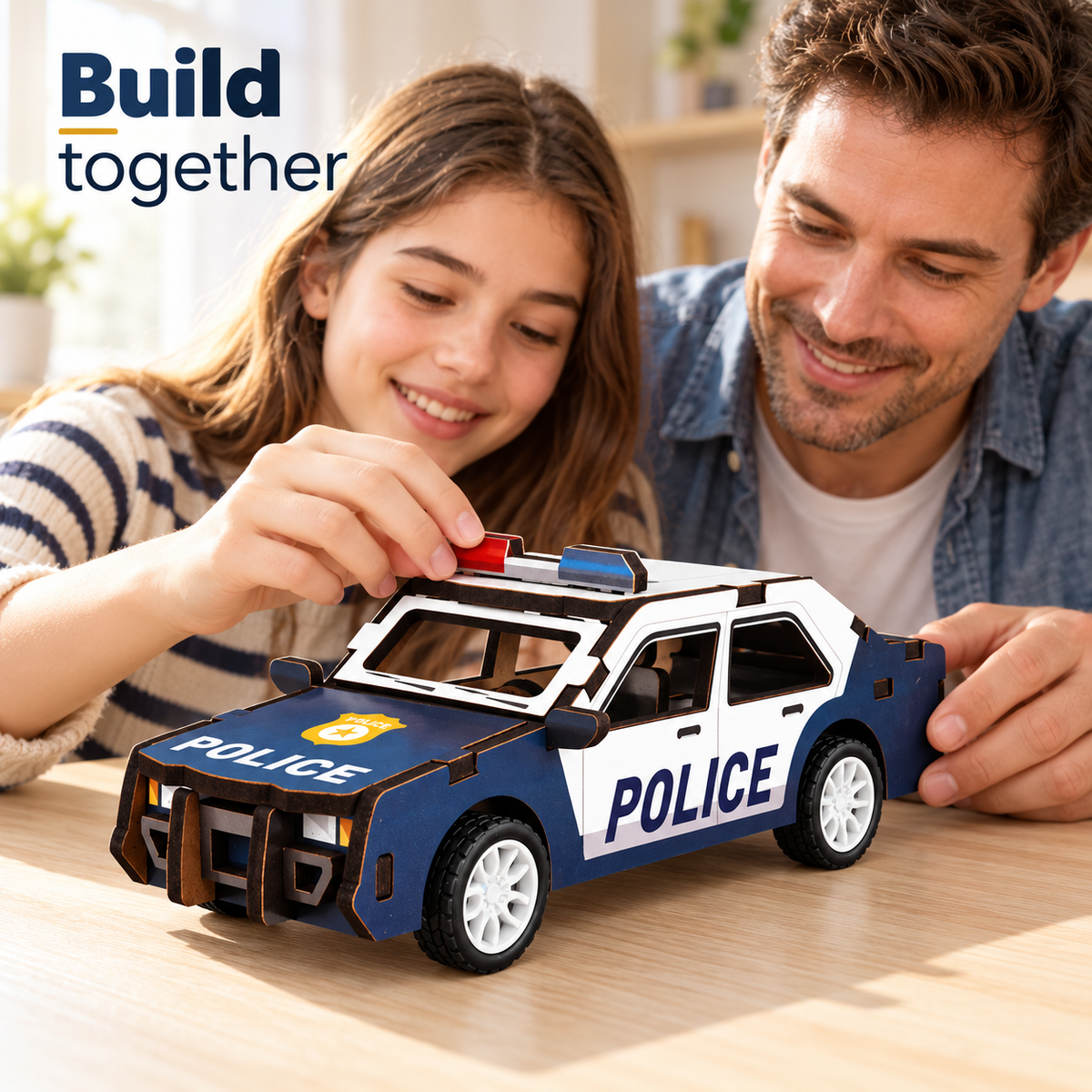 Blue and white police car wooden DIY assembly kit - Family Assembly