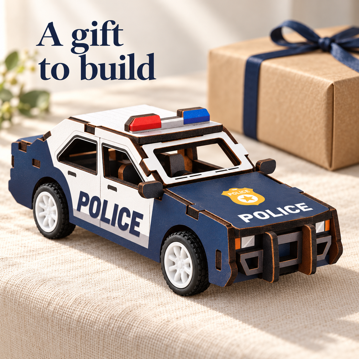 Blue and white police car wooden DIY assembly kit - Gift Scene