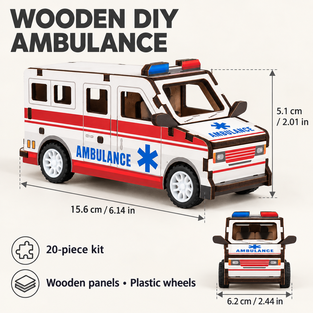 Ambulance wooden DIY assembly kit - Dimensions Materials