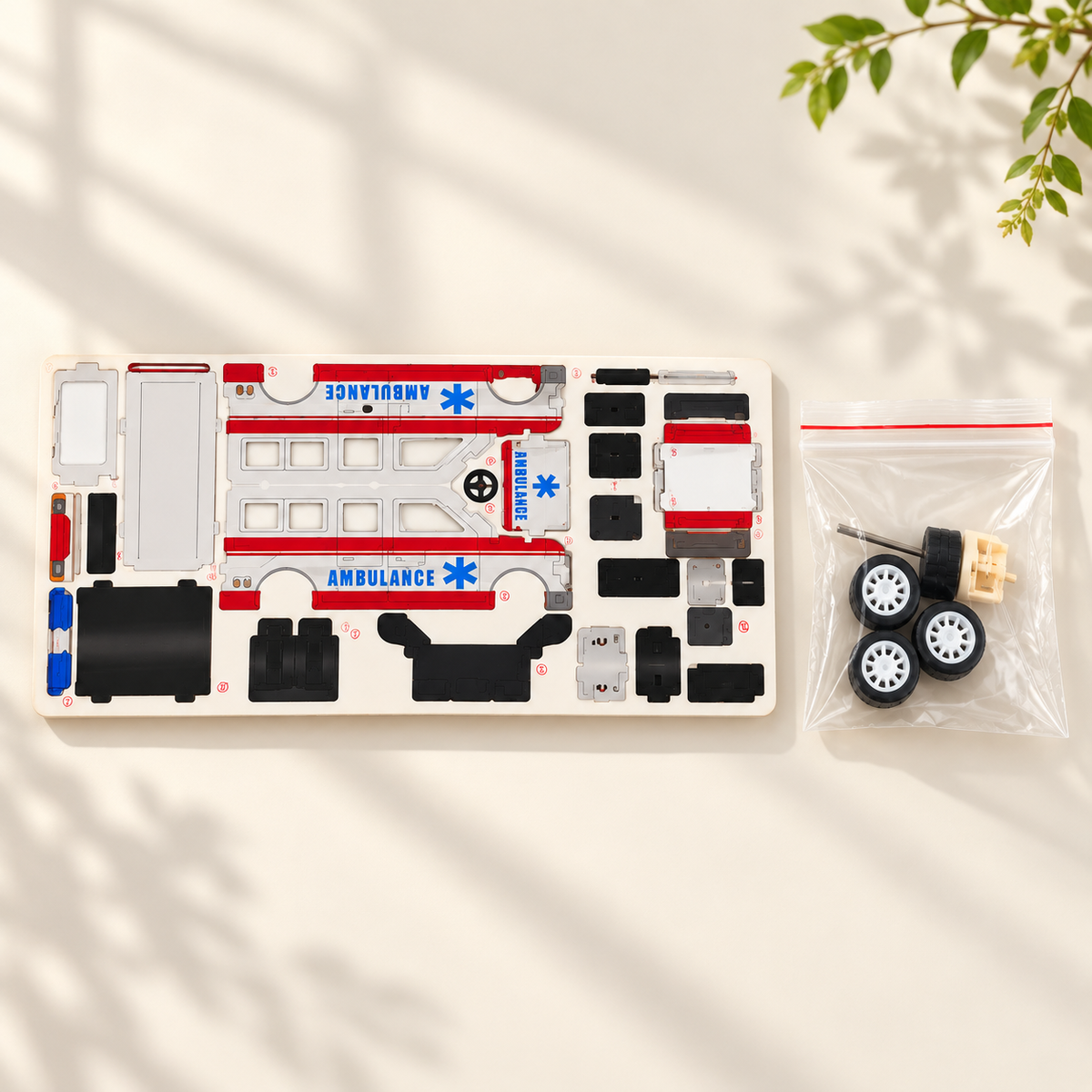 Ambulance wooden DIY assembly kit - Sunlight Kit Flatlay
