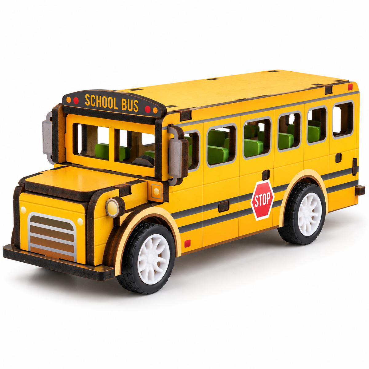 Yellow school bus wooden DIY assembly kit - White Background