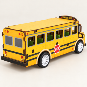 Yellow school bus wooden DIY assembly kit - Rear View