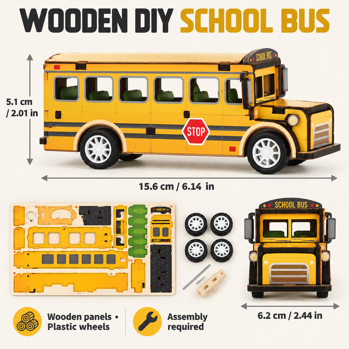 Yellow school bus wooden DIY assembly kit - Dimensions Materials