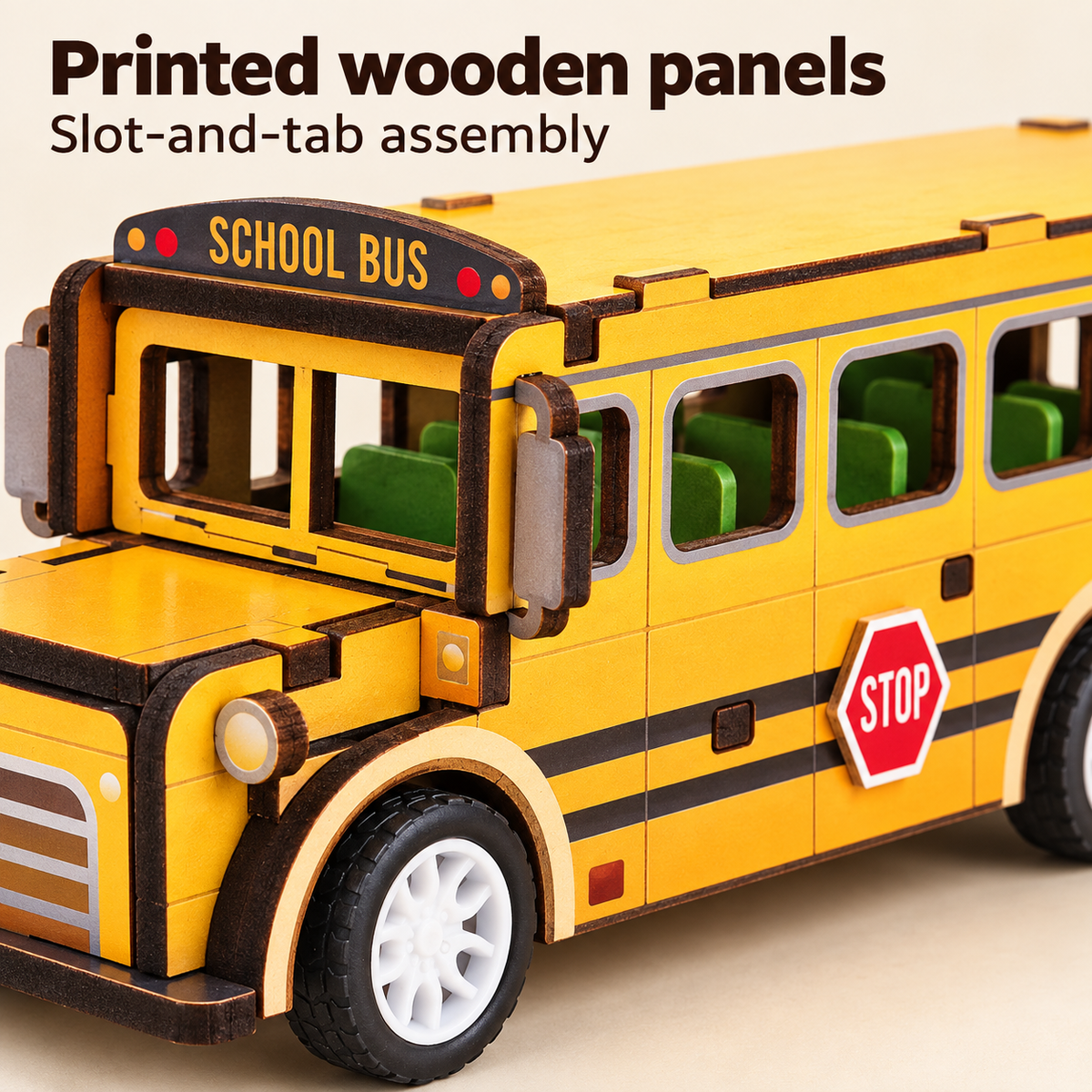 Yellow school bus wooden DIY assembly kit - Details
