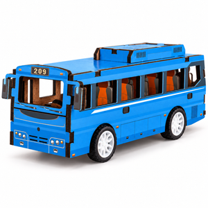 Blue city bus wooden DIY assembly kit - White Background