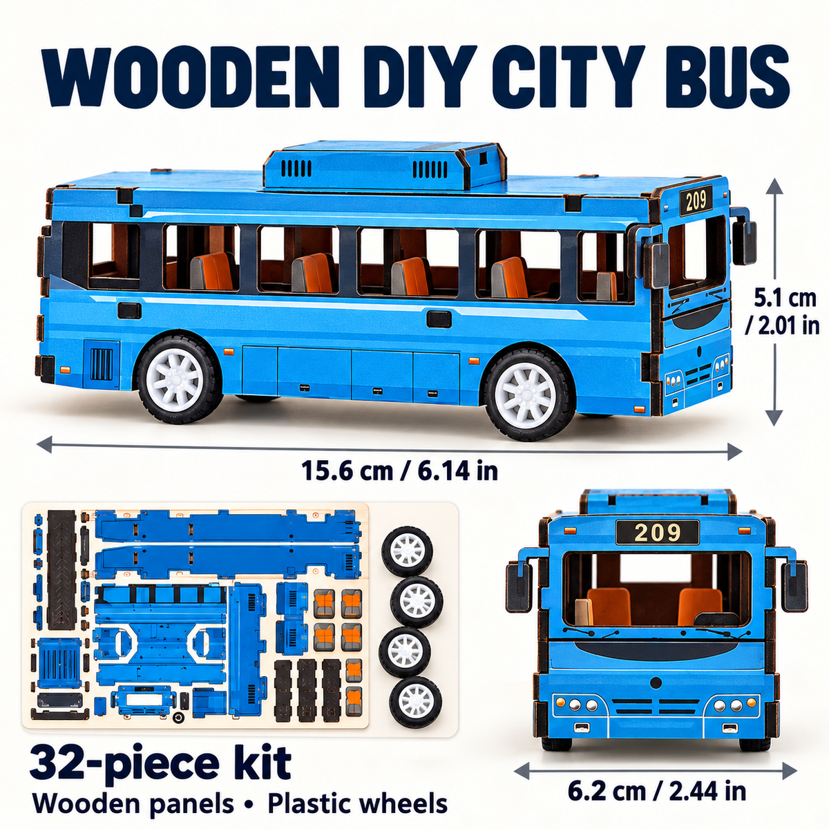 Blue city bus wooden DIY assembly kit - Dimensions Materials