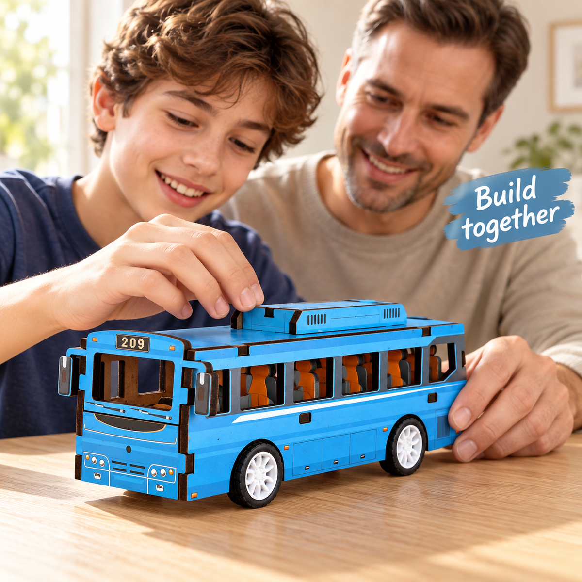 Blue city bus wooden DIY assembly kit - Family Assembly