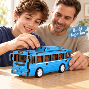 Blue city bus wooden DIY assembly kit - Family Assembly