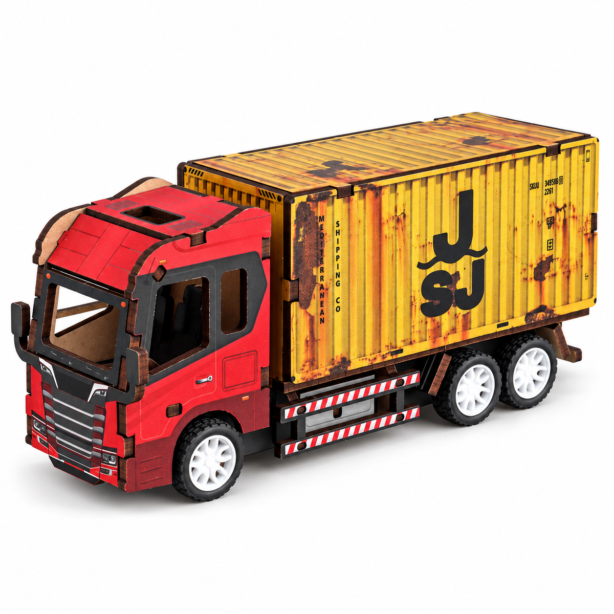 Red Cab & Yellow Container wooden DIY container truck – assembled model