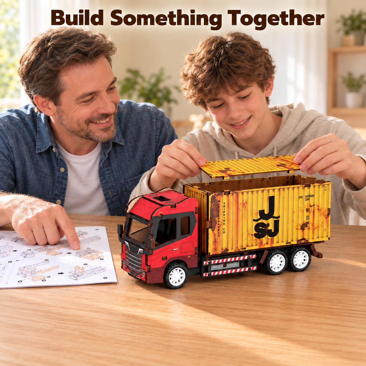 Red Cab & Yellow Container wooden DIY container truck – close-up or assembly scene