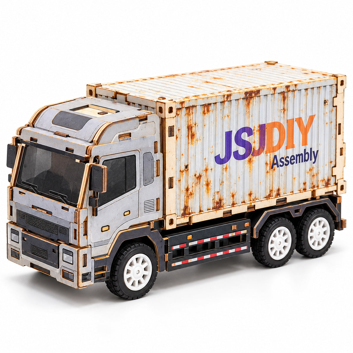 Gray-White Cab & White Container wooden DIY container truck – assembled model