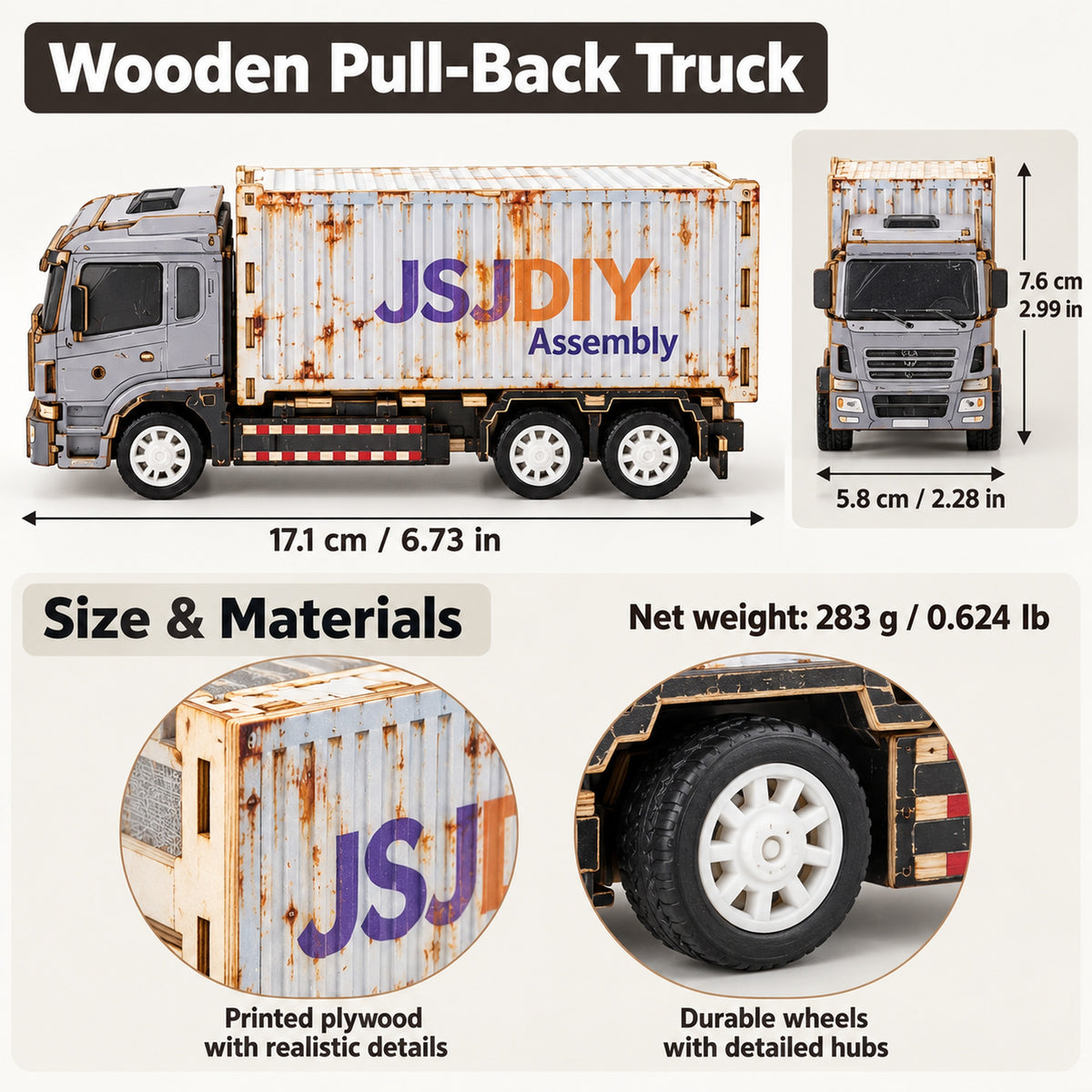 Gray-White Cab & White Container wooden DIY container truck – dimensions and materials