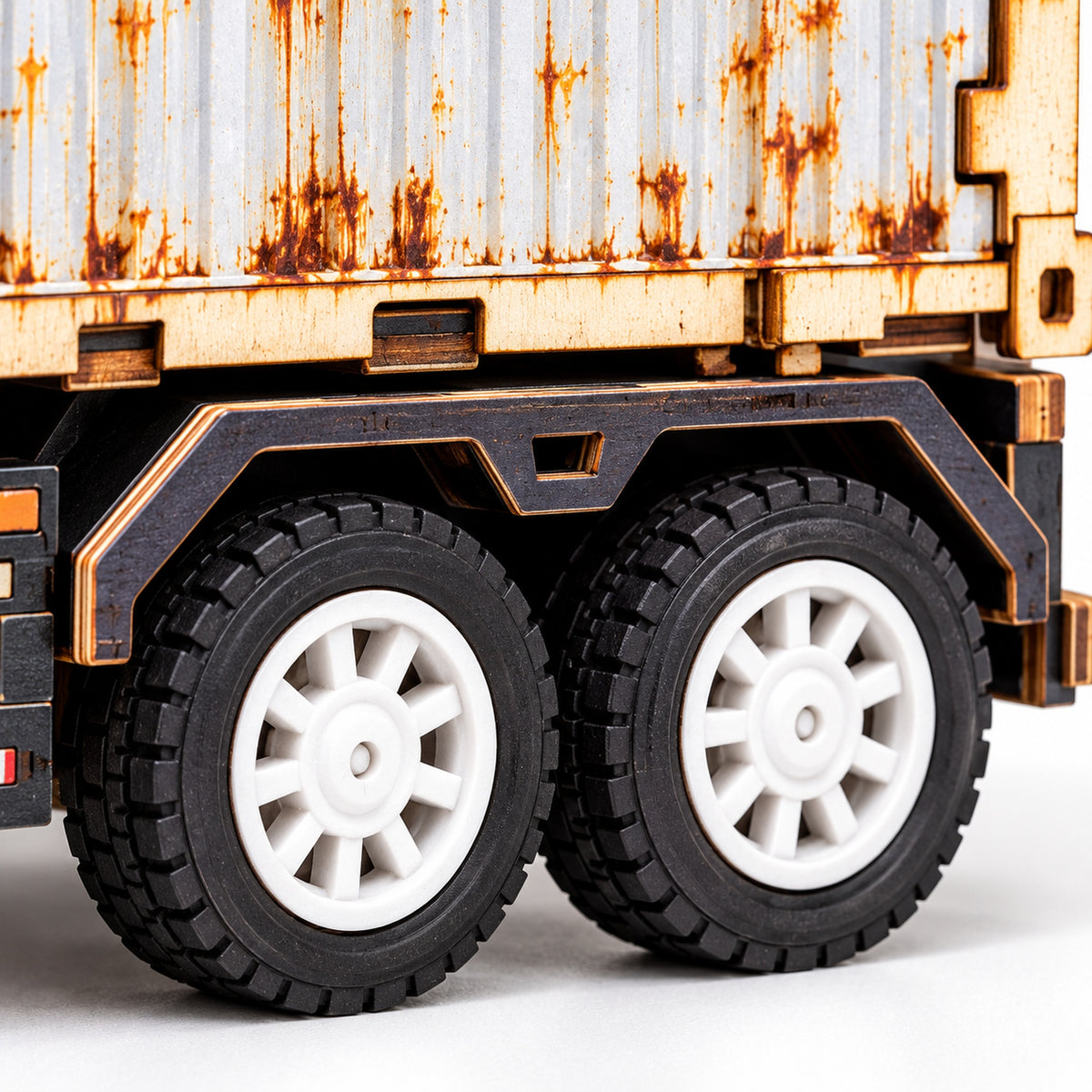 Gray-White Cab & White Container wooden DIY container truck – close-up or assembly scene