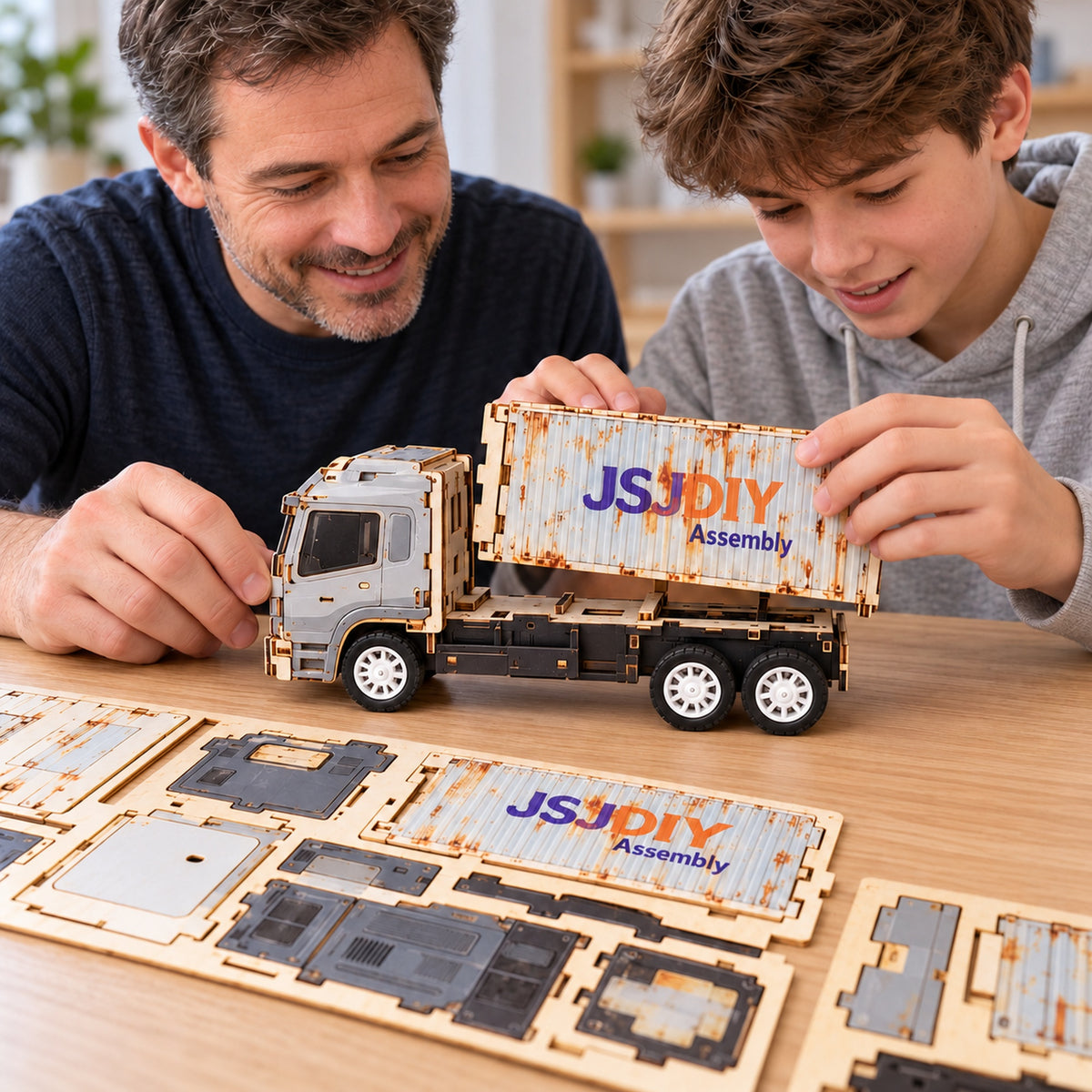 Gray-White Cab & White Container wooden DIY container truck – assembly or gift scene