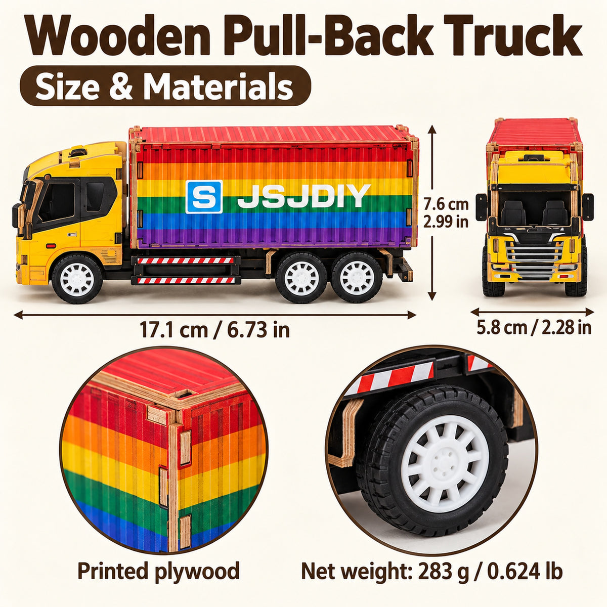 Yellow Cab & Rainbow Container wooden DIY truck model – dimensions and materials