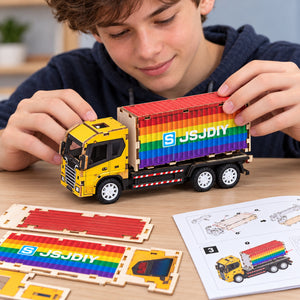 Yellow Cab & Rainbow Container wooden DIY truck model – assembly scene