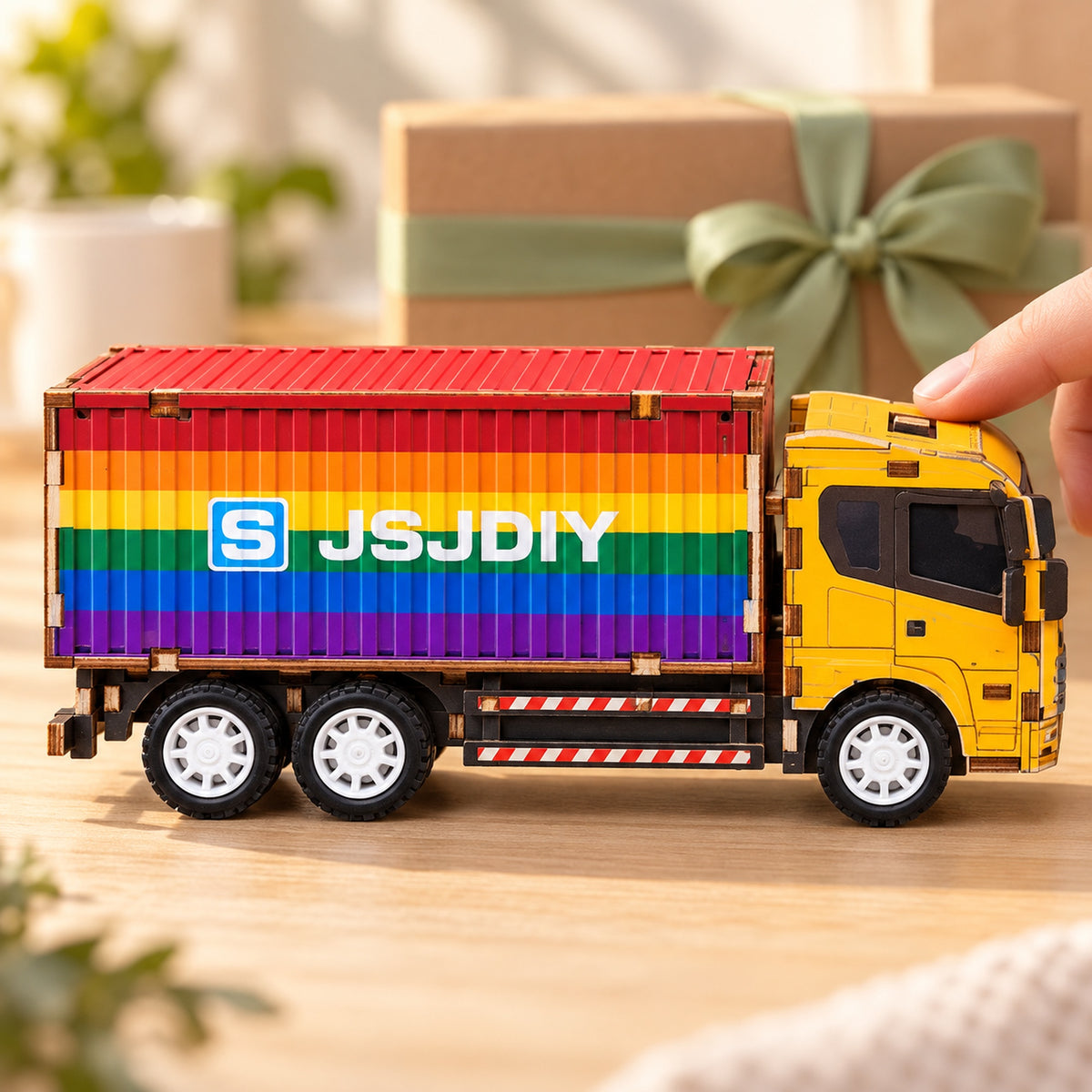 Yellow Cab & Rainbow Container wooden DIY truck model – gift scene