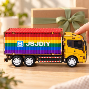 Yellow Cab & Rainbow Container wooden DIY truck model – gift scene