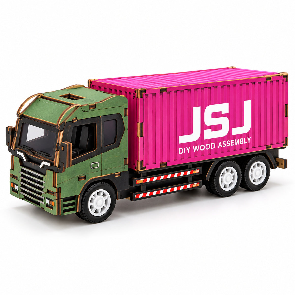 Green Cab & Pink Container wooden DIY truck model – assembled model