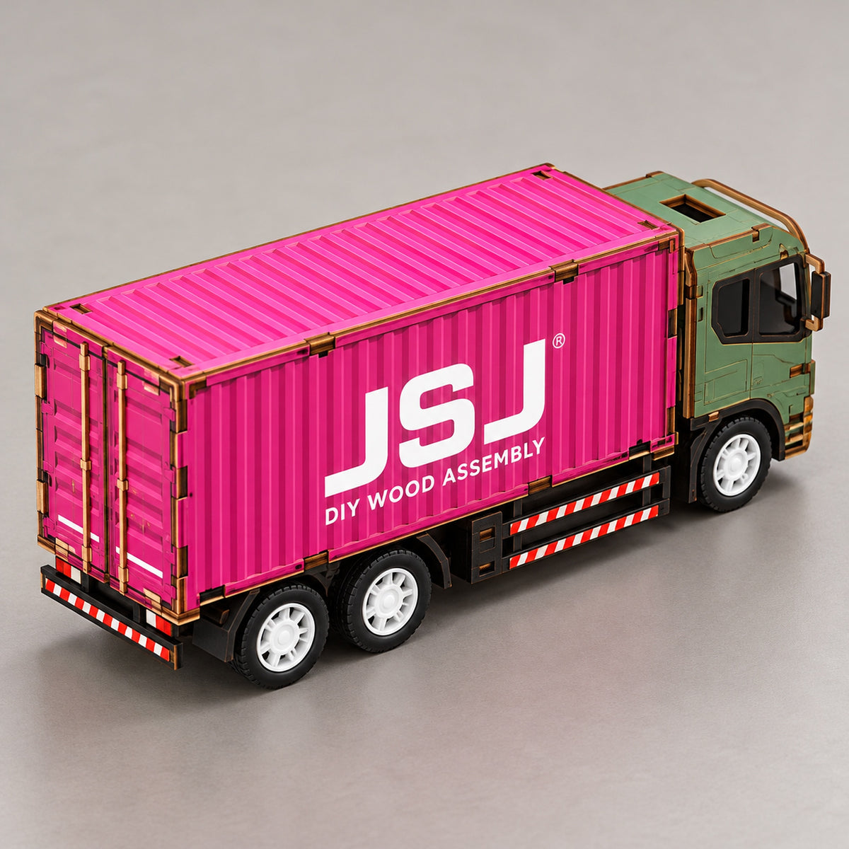 Green Cab & Pink Container wooden DIY truck model – rear view