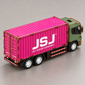 Green Cab & Pink Container wooden DIY truck model – rear view